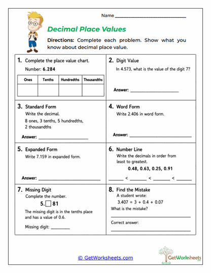 Decimal Place Values Worksheet