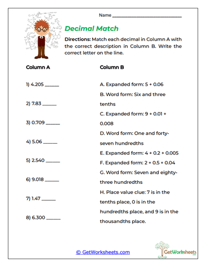 Decimal Match Worksheet