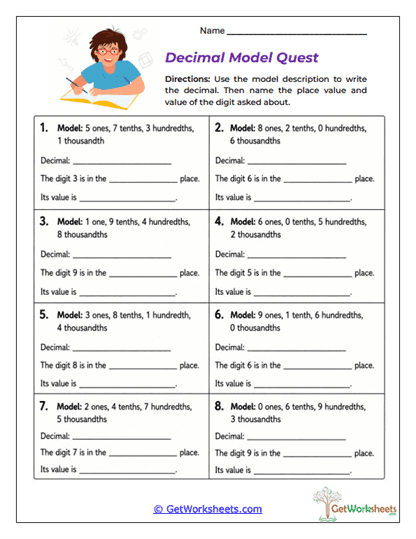 Decimal Model Quest Worksheet