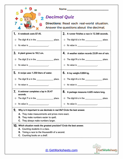 Decimal Quiz Worksheet