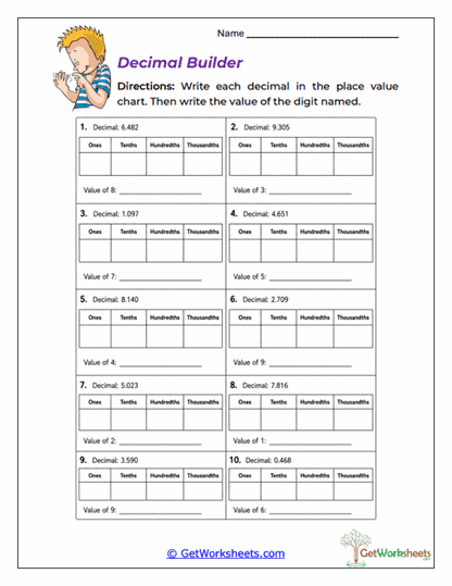 Decimal Builder Worksheet