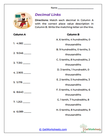 Decimal Links Worksheet