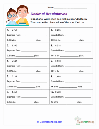 Decimal Breakdowns Worksheet