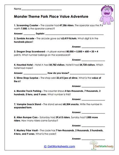 Monster Theme Park Worksheet