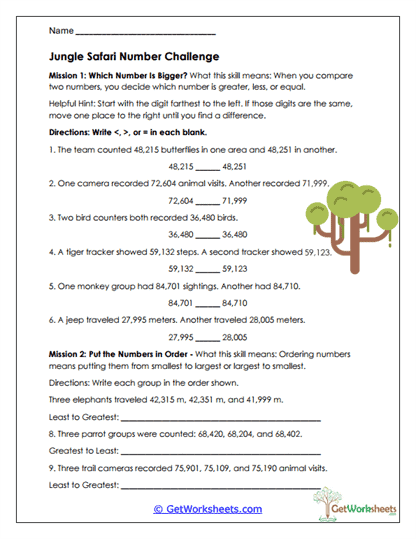 Jungle Safari Number Challenge Worksheet