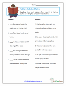 Problem-Solution Match Worksheet - Narrative Reasoning