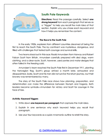 South Pole Keywords Worksheet