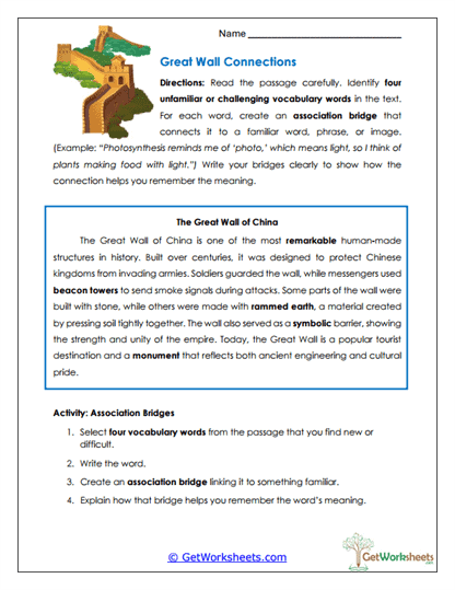 Great Wall Connections Worksheet