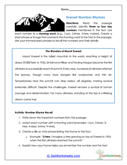 Everest Number Rhymes Worksheet