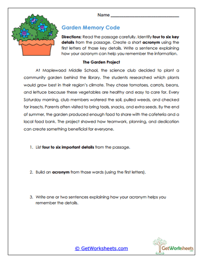 Garden Memory Code Worksheet