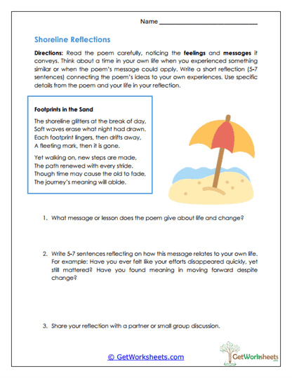 Personal Reflection Poem Worksheet