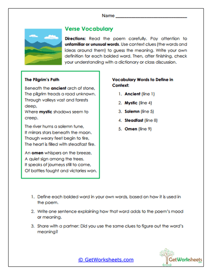 Vocabulary in Poetry Worksheet