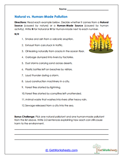 Natural vs. Human Pollution Worksheet