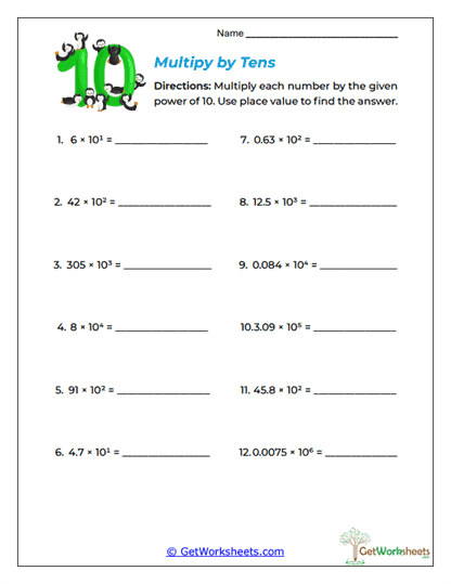 Multiply by Tens Worksheet