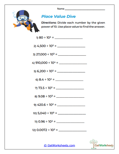 Place Value Dive Worksheet