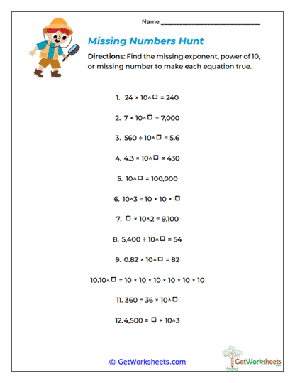 Missing Numbers Hunt Worksheet