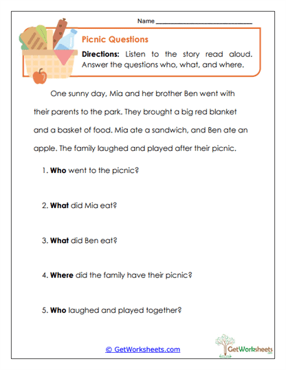 Picnic Questions Worksheet