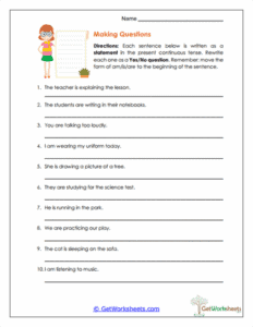 Making Questions Worksheet - Present Continuous Yes/No Forms