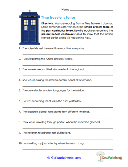 Time Traveler's Tense Worksheet