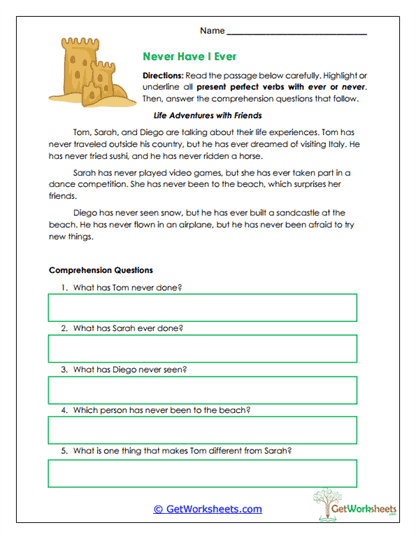 Never Have I Ever Worksheet