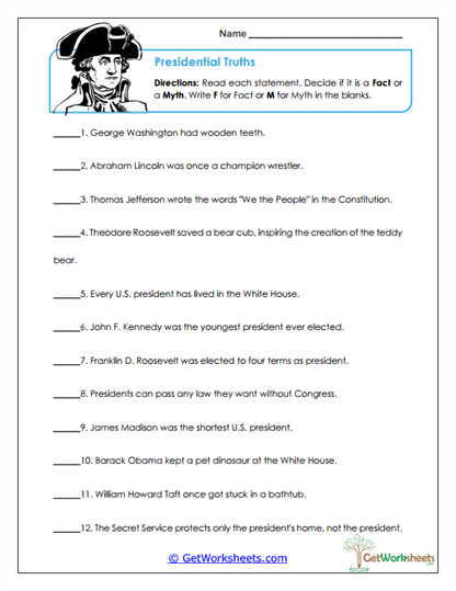 Presidential Facts or Myths Worksheet
