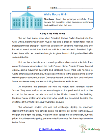 A Day in the White House Worksheet