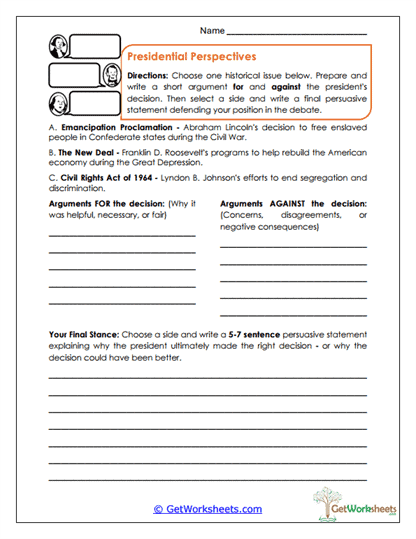 Presidential Decision Debate Worksheet