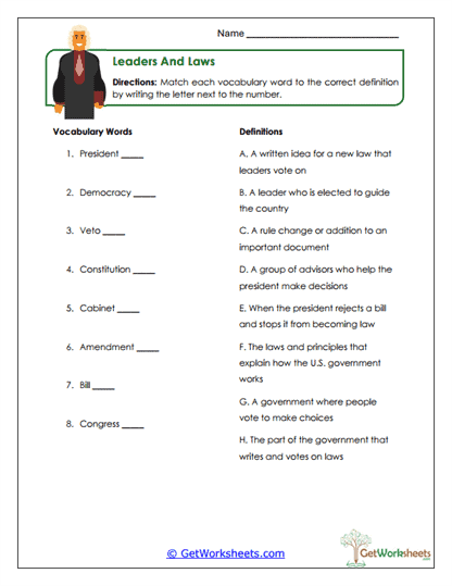 Government Vocabulary Match Worksheet
