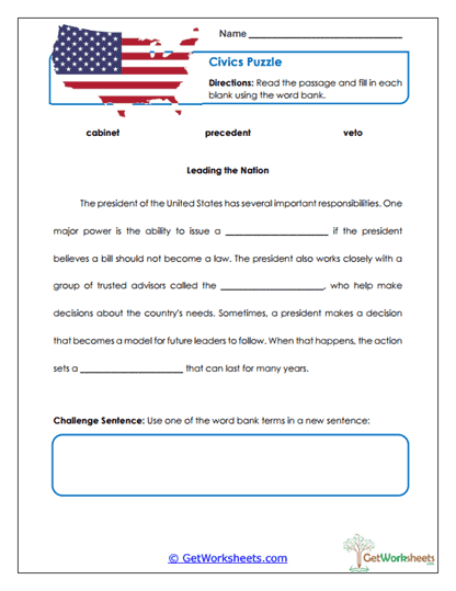 Presidential Vocabulary Cloze Worksheet