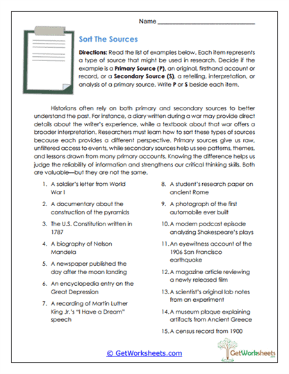 Primary vs. Secondary Sources Worksheets