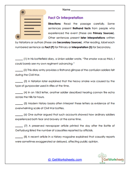 Fact or Interpretation Worksheet