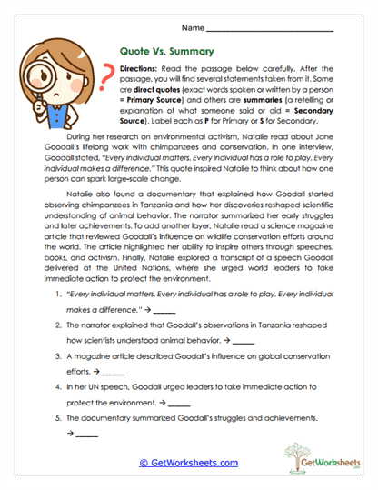 Quote or Summary Worksheet