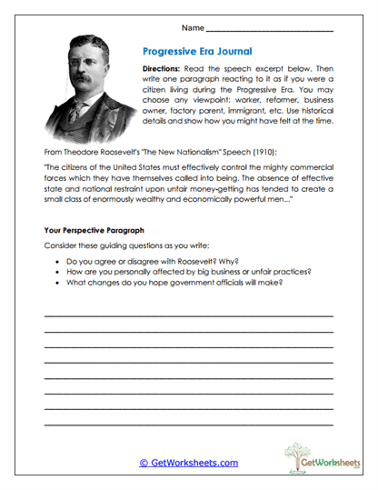Progressive Era Journal Worksheet