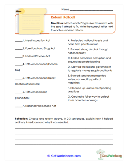 Reform Rollcall Worksheet