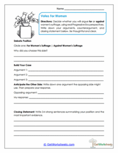 Votes for Women Worksheet - Suffrage Debate Writing