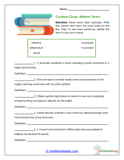 Context Clues: Reform Terms Worksheet