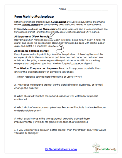 Compare Prompt Strength Worksheet