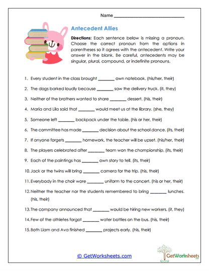 Pronoun-Antecedent Agreement Worksheets
