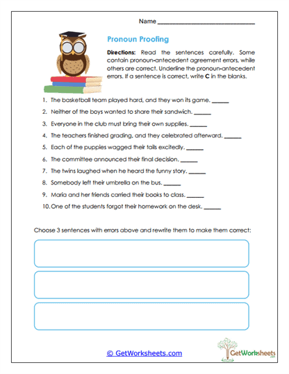 Pronoun Proofing Worksheet