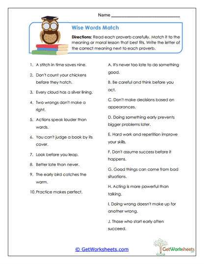 Wise Words Match Worksheet