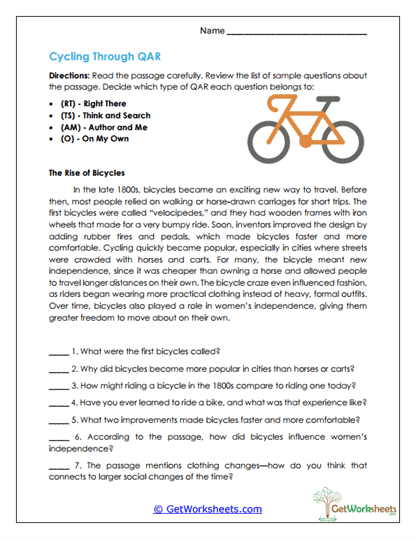 QAR (Question-Answer Relationships) Worksheets