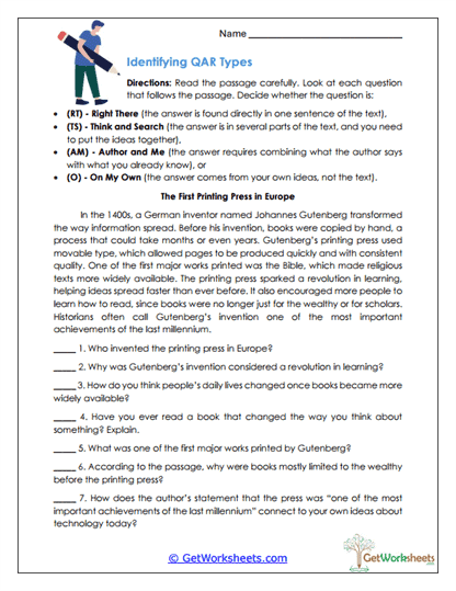 Identifying QAR Types Worksheet