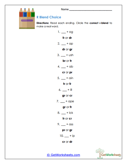 R Blend Choices Worksheet
