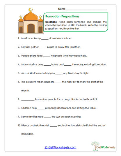 Holiday Prepositions Worksheet