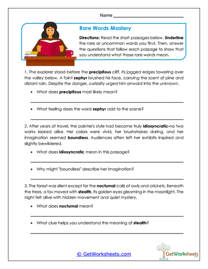 Rare Words Mastery Worksheet