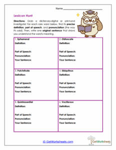Lexicon Hunt Worksheet - Dictionary Skills & Vocabulary Mastery