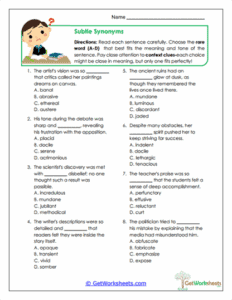 Subtle Synonyms Worksheet - Vocabulary Precision & Nuance