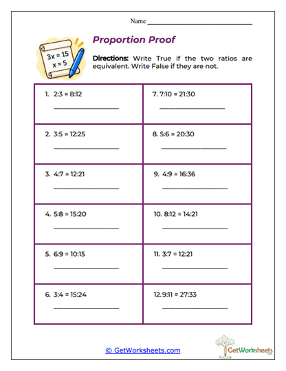 Proportion Proof Worksheet - Checking Whether Two Ratios Form a True ...