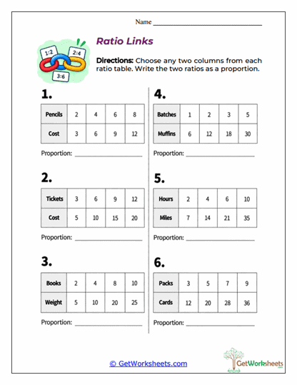 Three Column Worksheet Ratio Links Worksheet - Writing Proportions from Ratio Tables