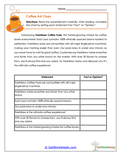 Coffee Ad Clues Worksheet